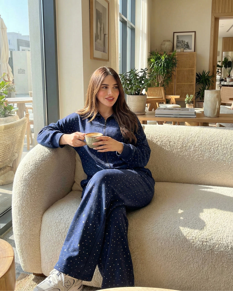 Rhinestone Zip-Up Tracksuit | Dark Blue - Eva Fashion - Online Clothing Store for Women