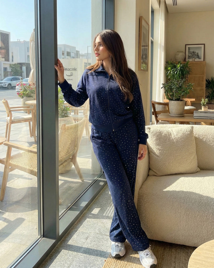 Rhinestone Zip-Up Tracksuit | Dark Blue - Eva Fashion - Online Clothing Store for Women