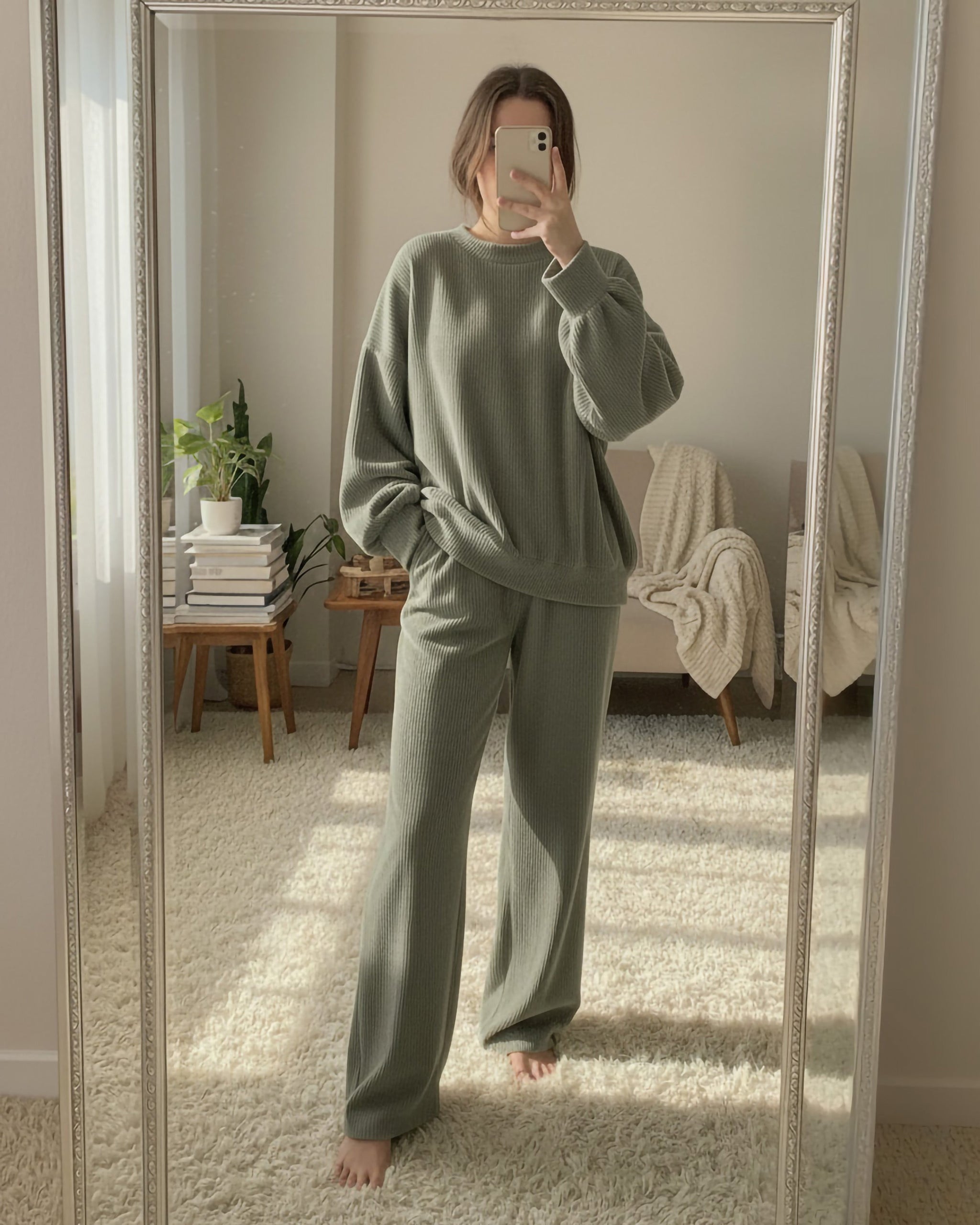 Rib-Knit Relaxed Fit Set | Misty Green - Eva Fashion - Online Clothing Store for Women