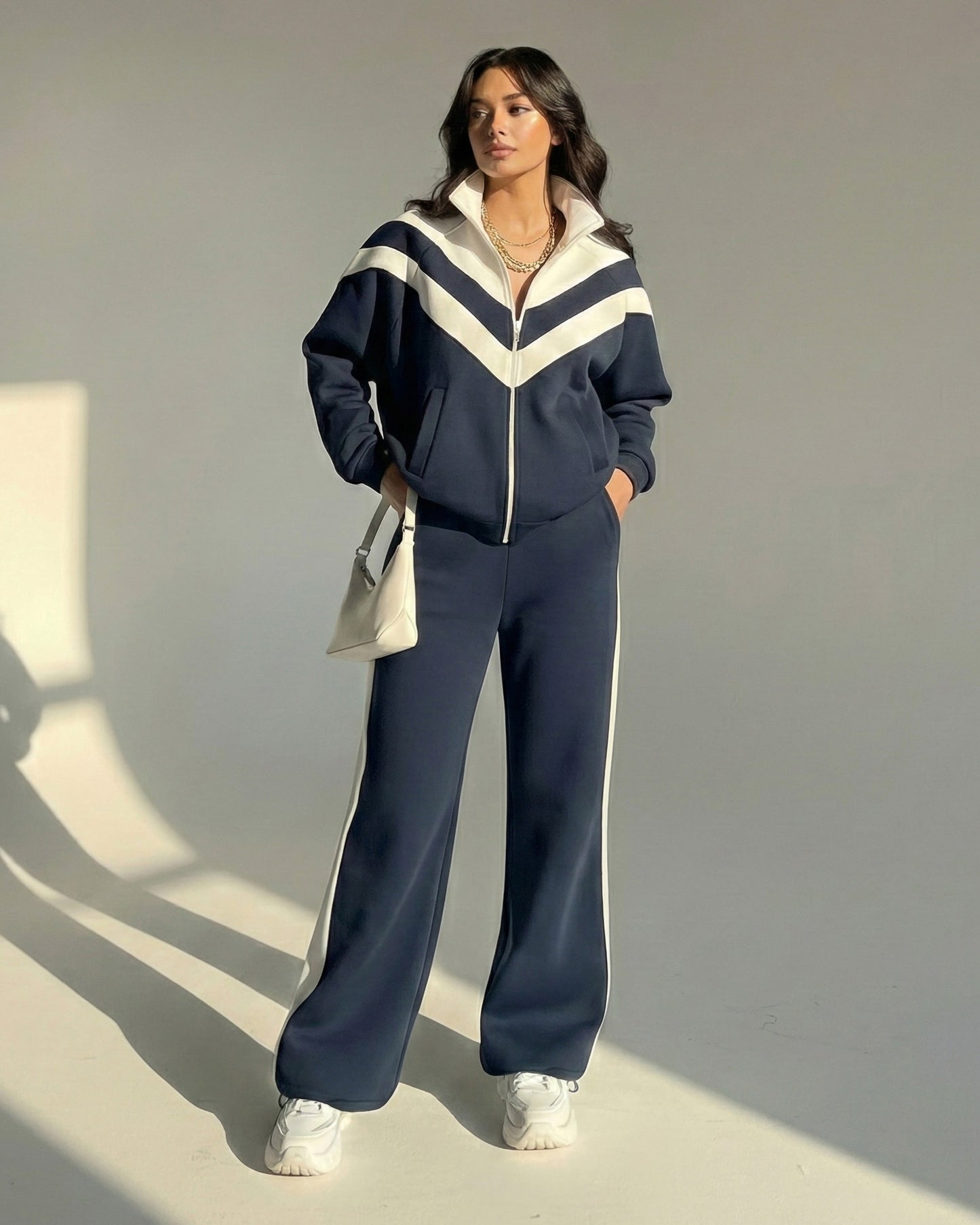 Chevron Stripe Zip-Up Tracksuit | Dark Blue - Eva Fashion - Online Clothing Store for Women