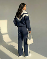 Chevron Stripe Zip-Up Tracksuit | Dark Blue - Eva Fashion - Online Clothing Store for Women