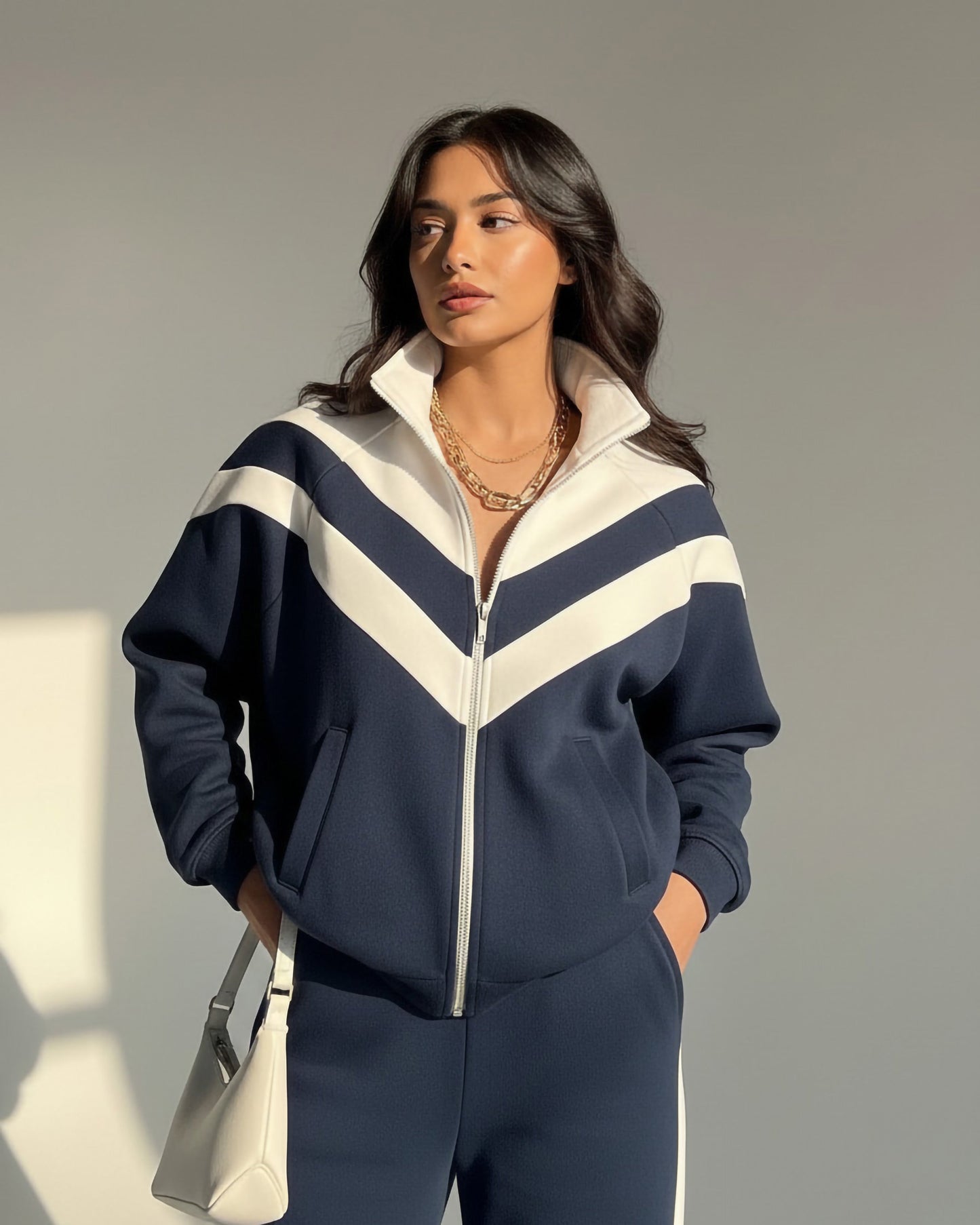 Chevron Stripe Zip-Up Tracksuit | Dark Blue - Eva Fashion - Online Clothing Store for Women
