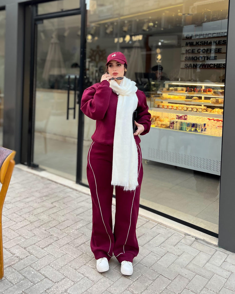 Piped Zip-Up Relaxed Tracksuit | Burgundy - Eva Fashion - Online Clothing Store for Women