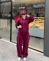 Piped Zip-Up Relaxed Tracksuit | Burgundy - Eva Fashion - Online Clothing Store for Women