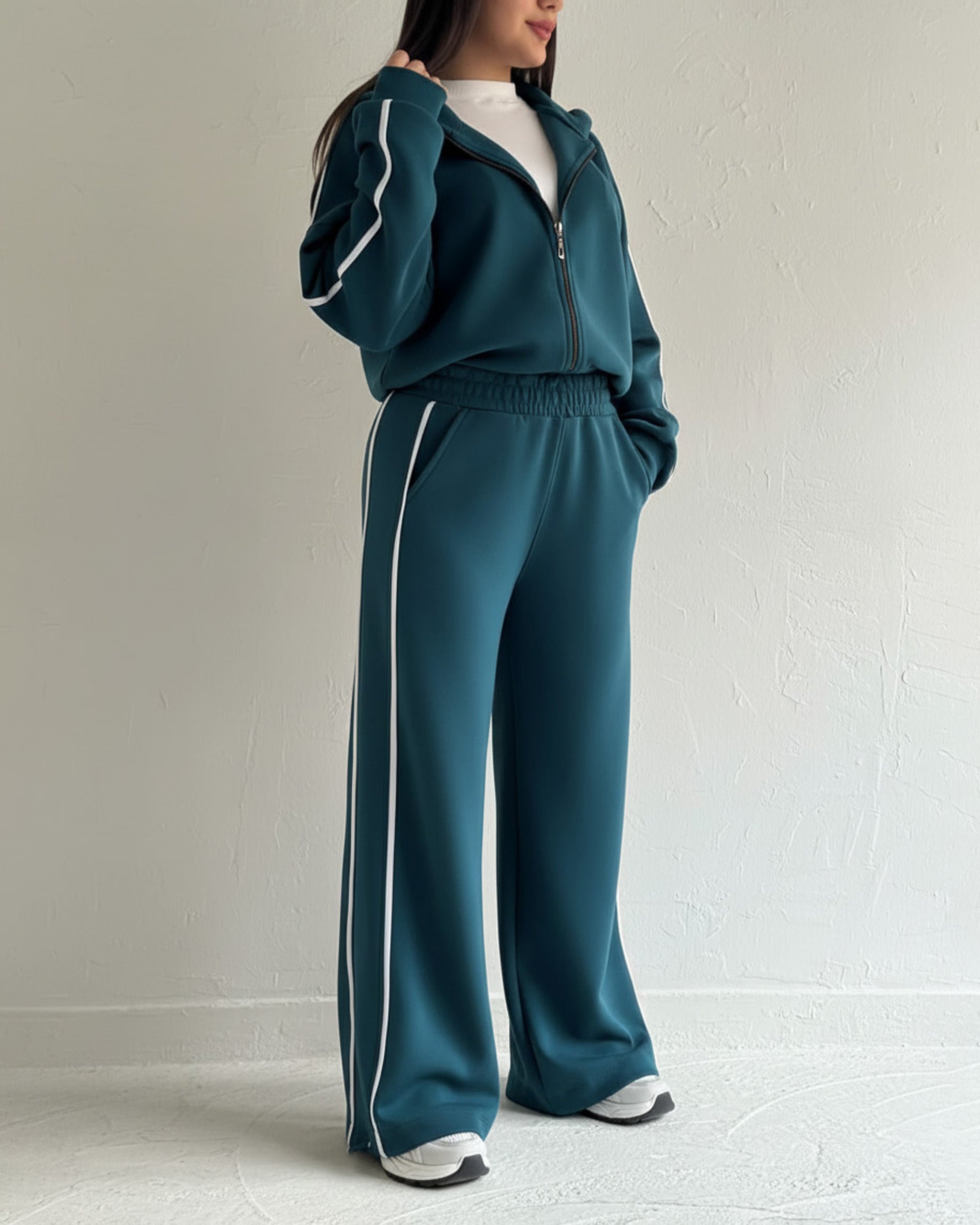 Zip-Up Contrast Stripe Tracksuit | Dark Teal - Eva Fashion - Online Clothing Store for Women
