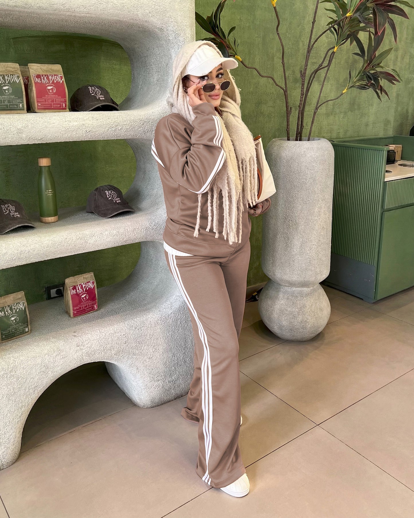 Retro Sport Back Stripe Tracksuit | Mocha Brown - Eva Fashion - Online Clothing Store for Women