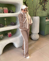 Retro Sport Back Stripe Tracksuit | Mocha Brown - Eva Fashion - Online Clothing Store for Women