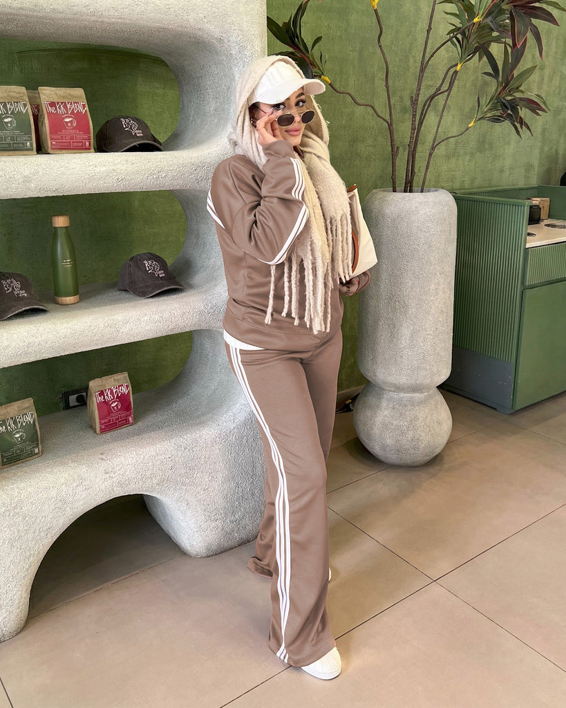 Retro Sport Back Stripe Tracksuit | Mocha Brown - Eva Fashion - Online Clothing Store for Women