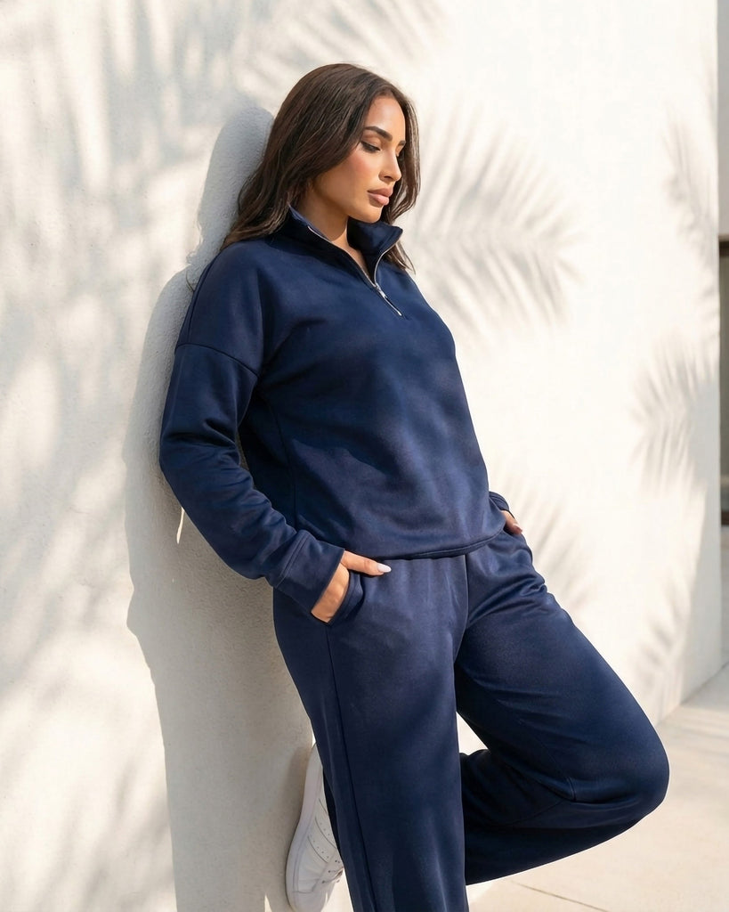 Half-Zip Relaxed Fit Set | Dark Blue - Eva Fashion - Online Clothing Store for Women