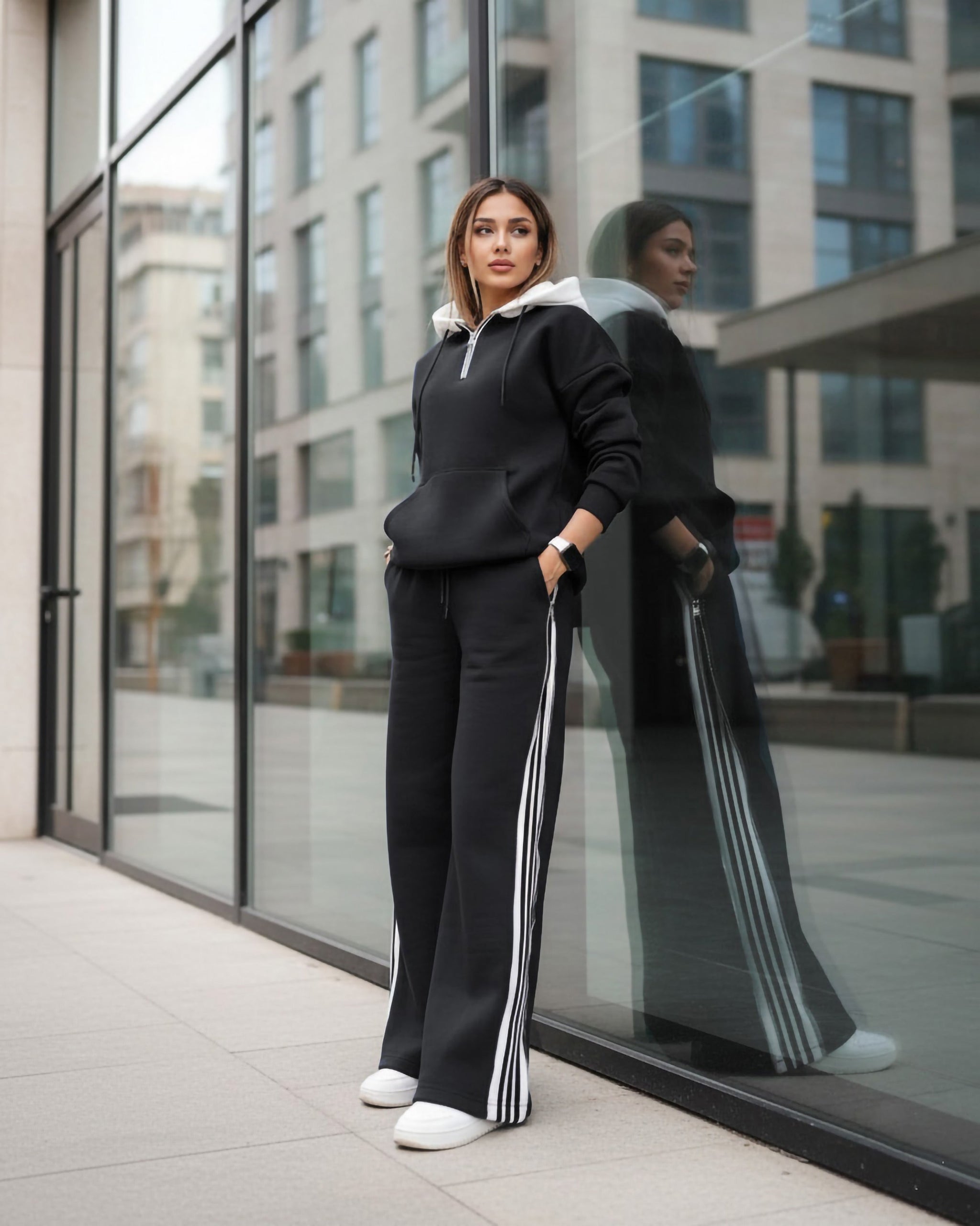 Side Zip Stripe Wide-Leg Tracksuit | Black - Eva Fashion - Online Clothing Store for Women