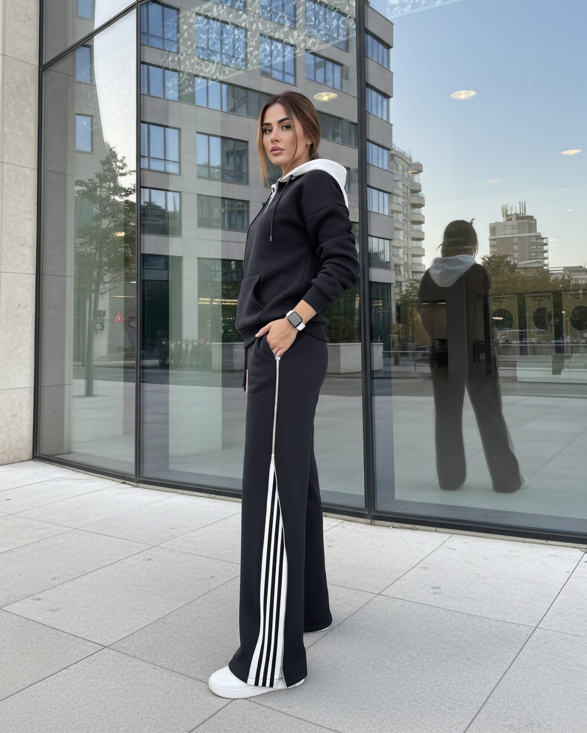 Side Zip Stripe Wide-Leg Tracksuit | Black - Eva Fashion - Online Clothing Store for Women