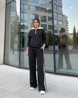 Side Zip Stripe Wide-Leg Tracksuit | Black - Eva Fashion - Online Clothing Store for Women