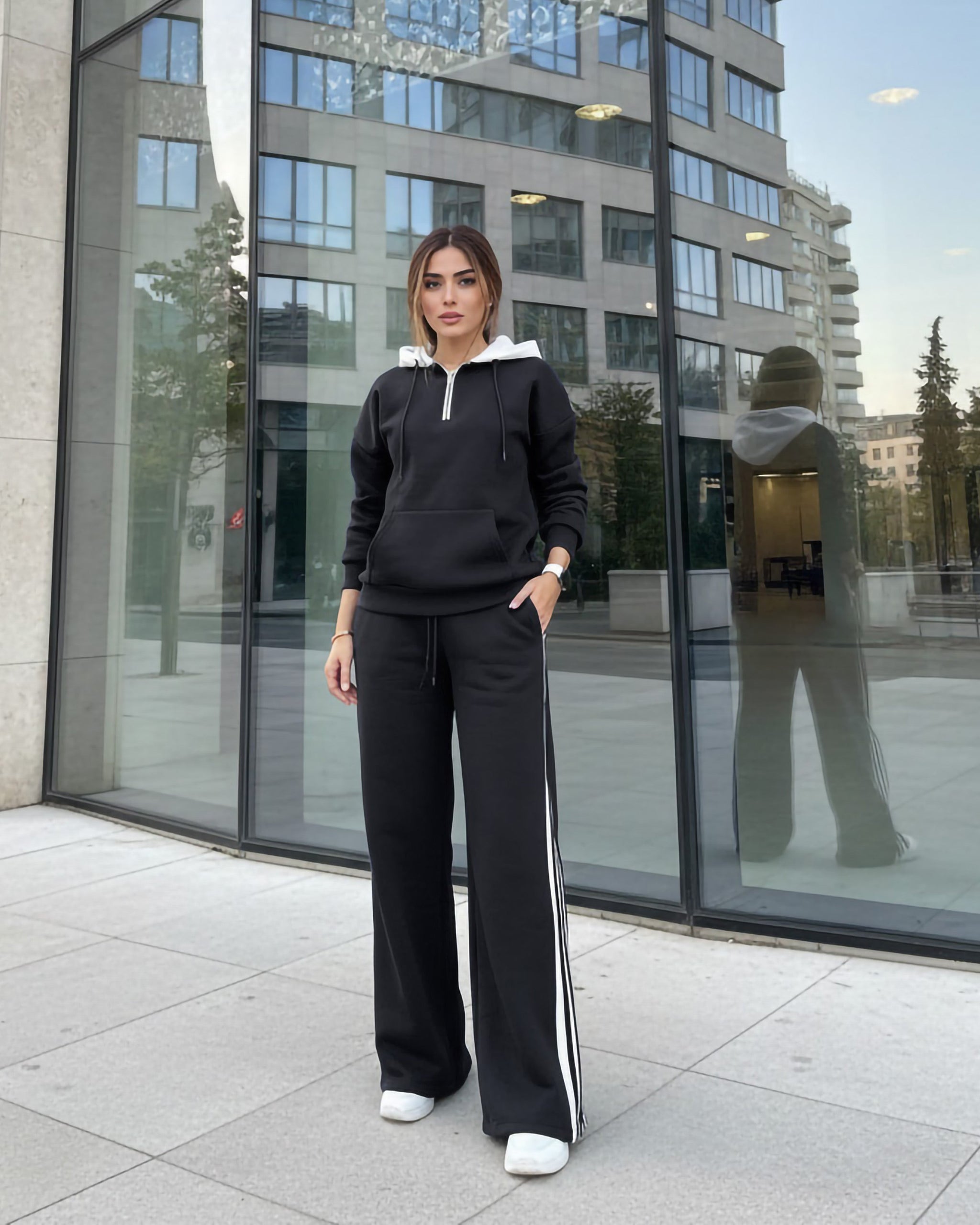 Side Zip Stripe Wide-Leg Tracksuit | Black - Eva Fashion - Online Clothing Store for Women