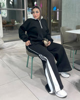 Side Zip Stripe Wide-Leg Tracksuit | Black - Eva Fashion - Online Clothing Store for Women