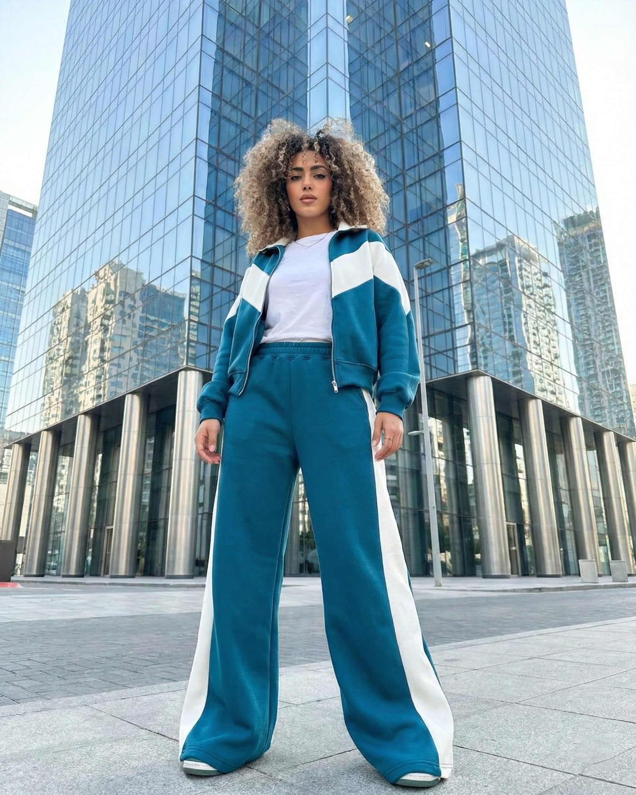 Chevron Stripe Zip-Up Tracksuit | Dark Teal - Eva Fashion - Online Clothing Store for Women