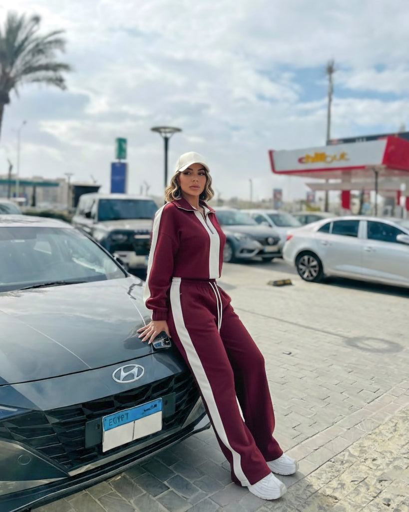 Sporty Contrast Line Tracksuit | Burgundy - Eva Fashion - Online Clothing Store for Women