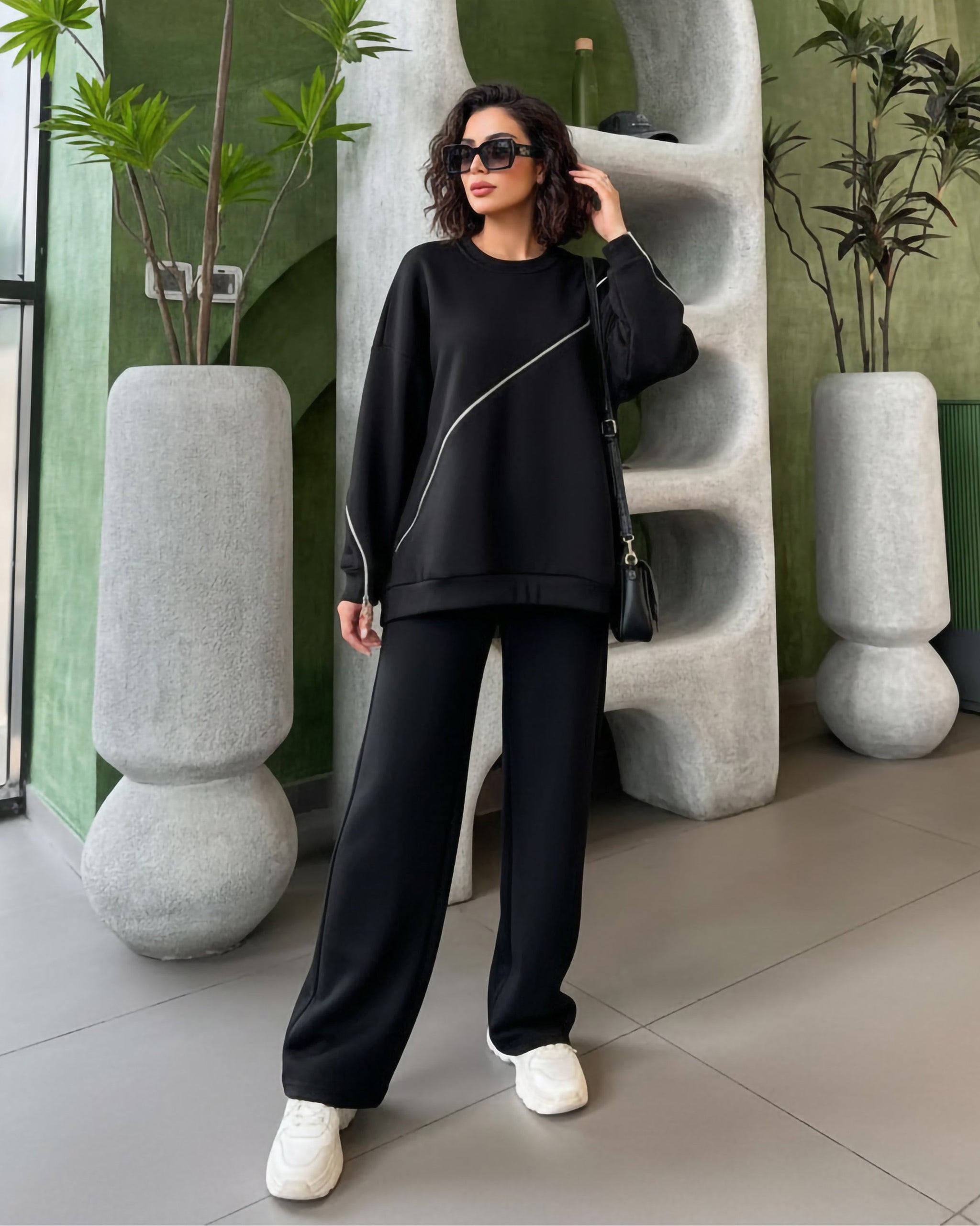 Diagonal Zip Relaxed Set | Black - Eva Fashion - Online Clothing Store for Women