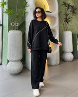 Diagonal Zip Relaxed Set | Black - Eva Fashion - Online Clothing Store for Women
