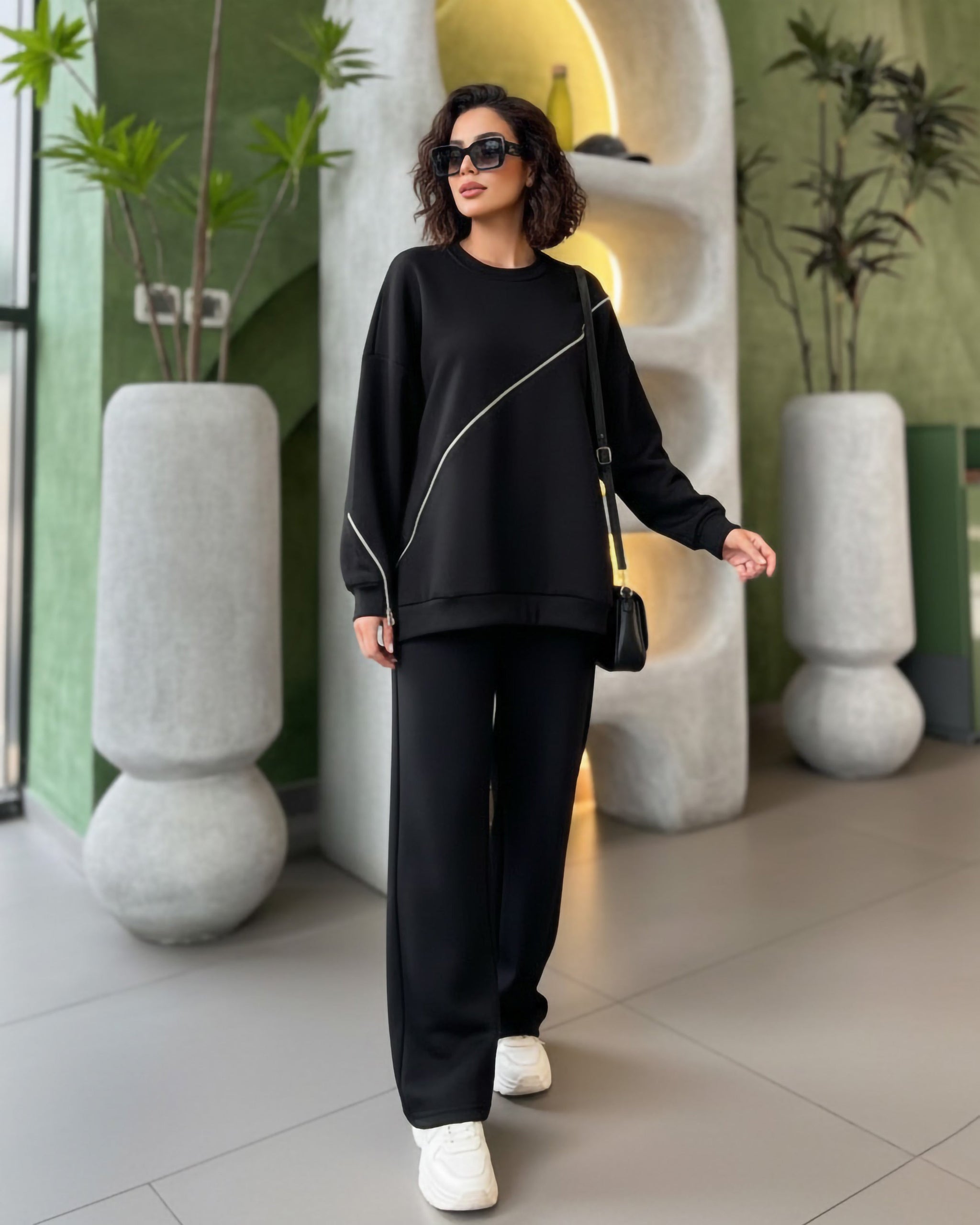 Diagonal Zip Relaxed Set | Black - Eva Fashion - Online Clothing Store for Women