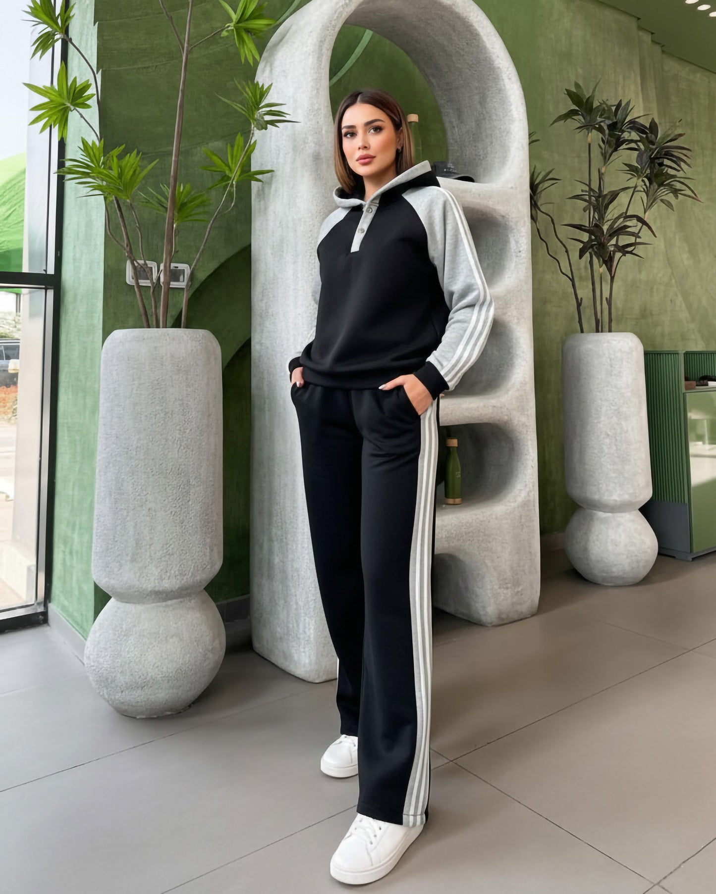 Two-Tone Stripe Detail Hooded Set | Black - Eva Fashion - Online Clothing Store for Women