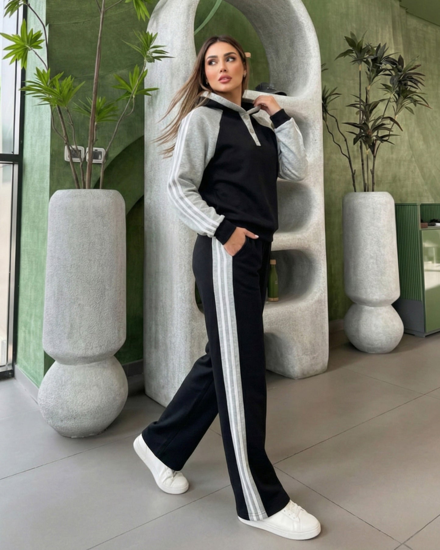 Two-Tone Stripe Detail Hooded Set | Black - Eva Fashion - Online Clothing Store for Women