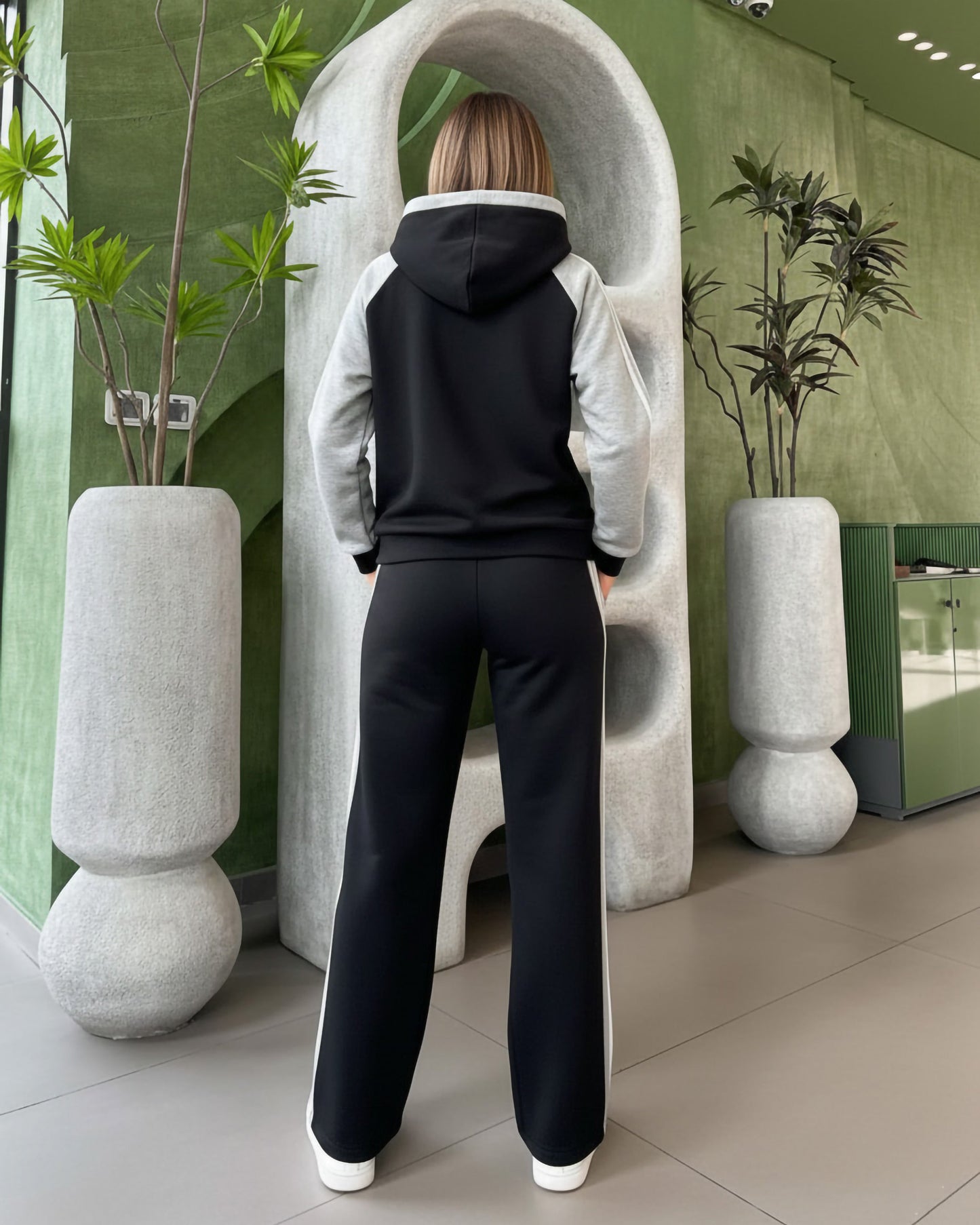 Two-Tone Stripe Detail Hooded Set | Black - Eva Fashion - Online Clothing Store for Women