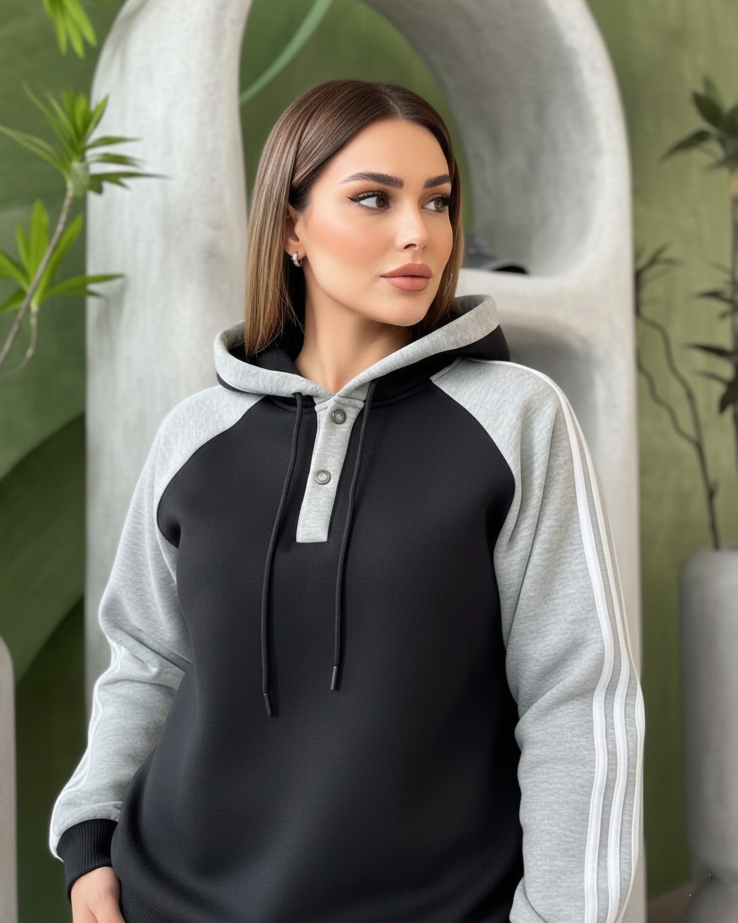 Two-Tone Stripe Detail Hooded Set | Black - Eva Fashion - Online Clothing Store for Women