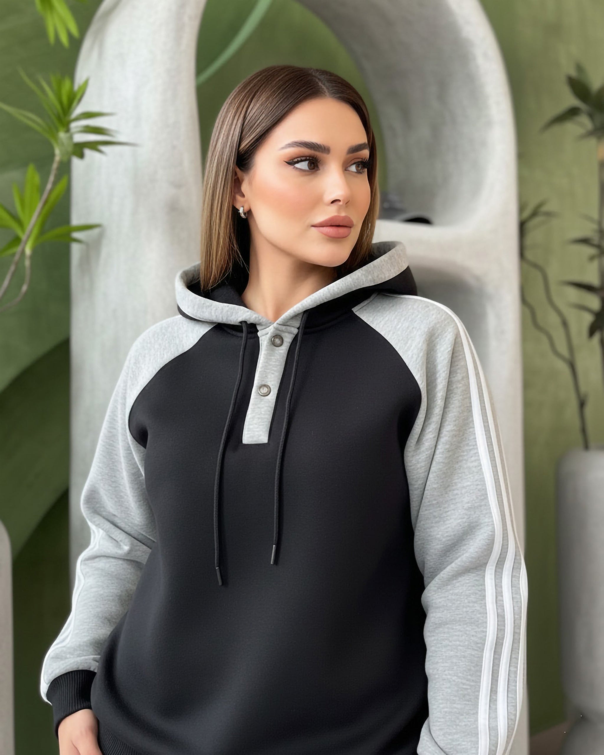 Two-Tone Stripe Detail Hooded Set | Black - Eva Fashion - Online Clothing Store for Women
