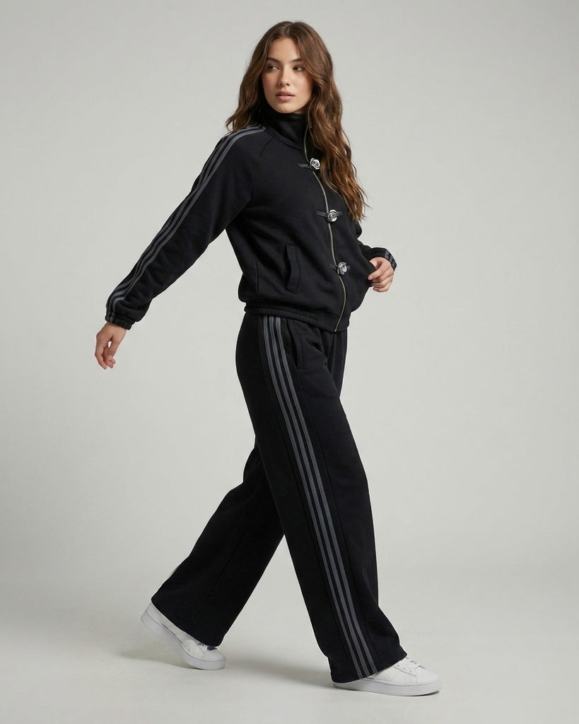 Frog Button Zip-Up Stripe Tracksuit | Black - Eva Fashion - Online Clothing Store for Women