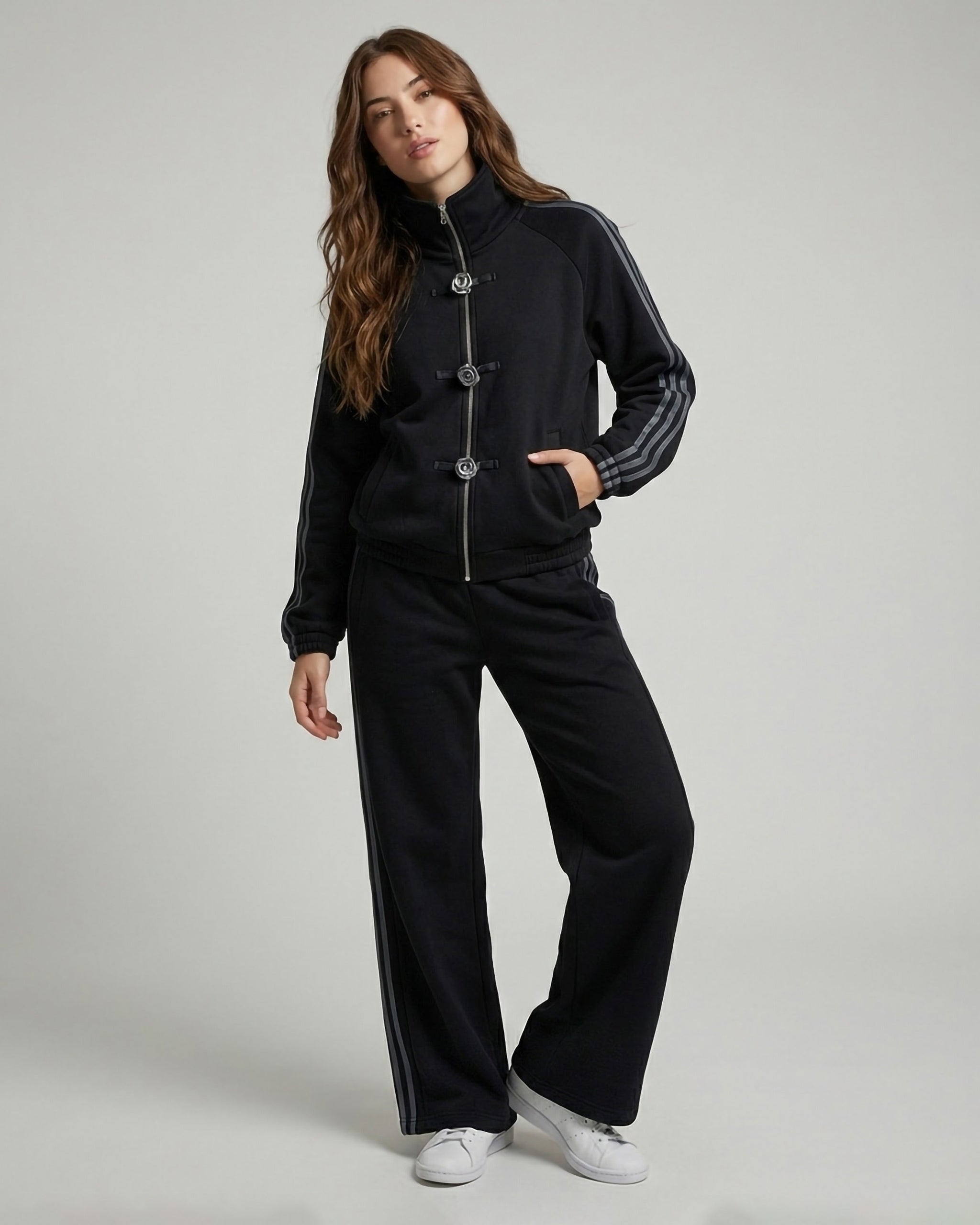 Frog Button Zip-Up Stripe Tracksuit | Black - Eva Fashion - Online Clothing Store for Women