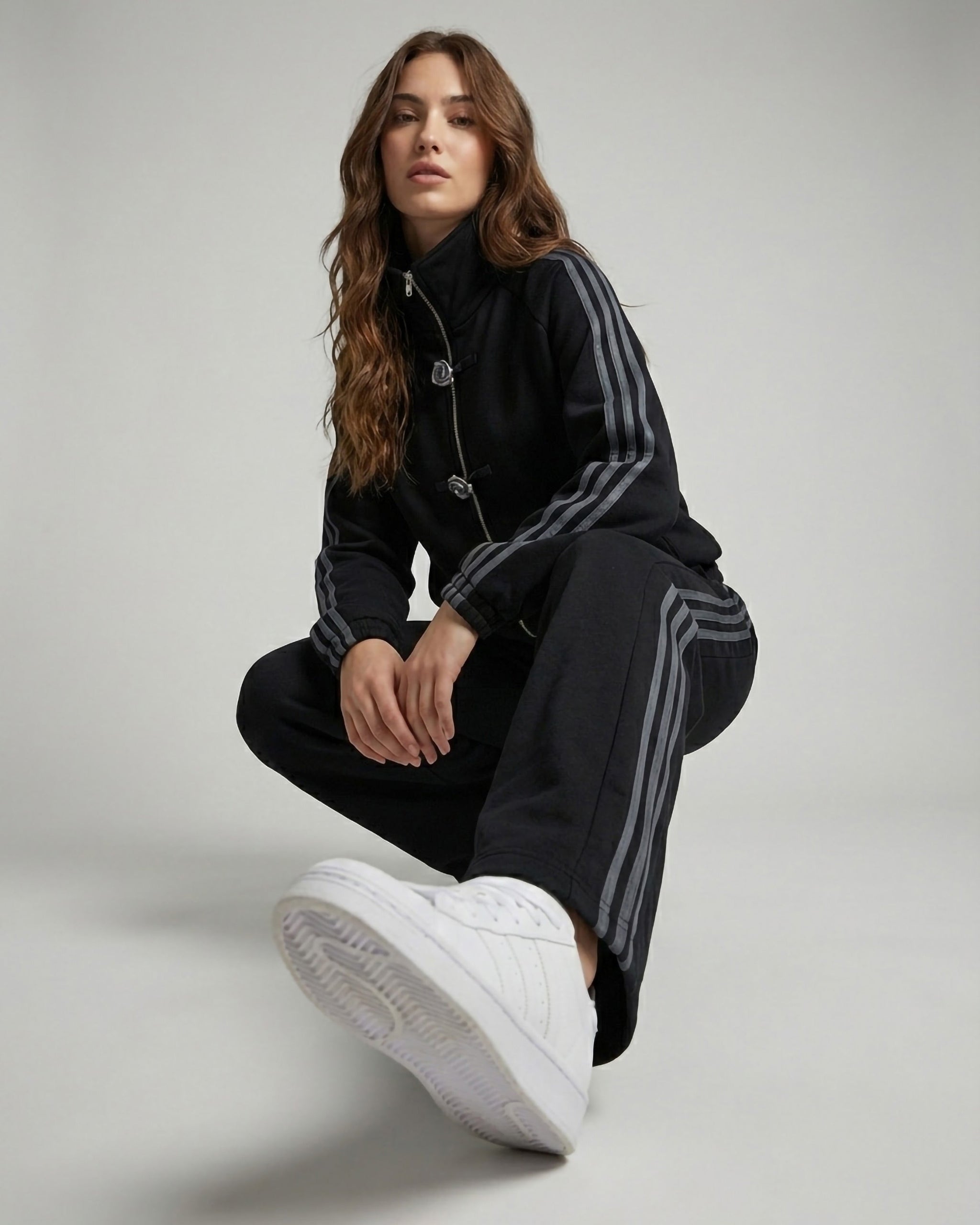Frog Button Zip-Up Stripe Tracksuit | Black - Eva Fashion - Online Clothing Store for Women