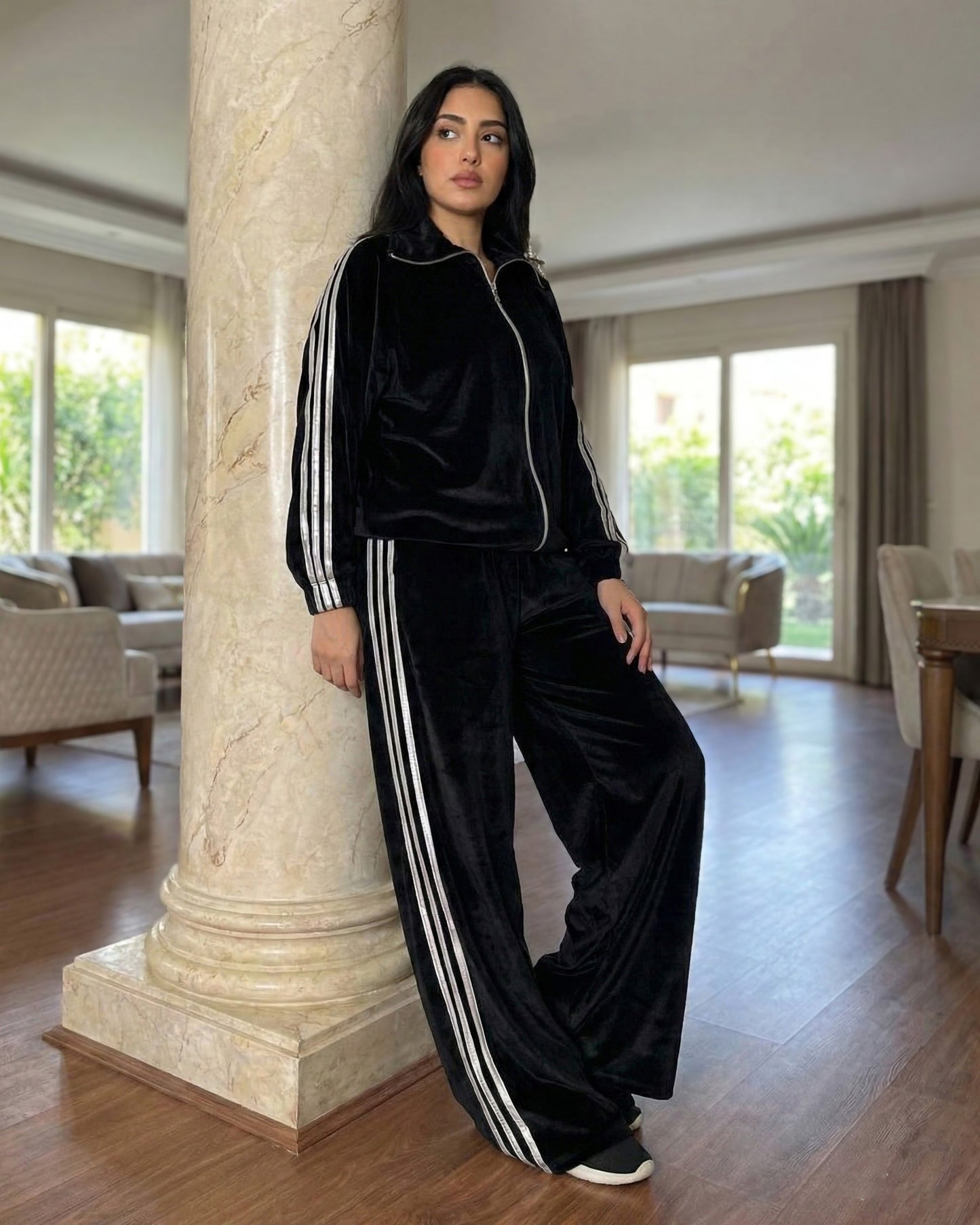Velvet Silver Stripe Zip-Up Tracksuit | Black - Eva Fashion - Online Clothing Store for Women