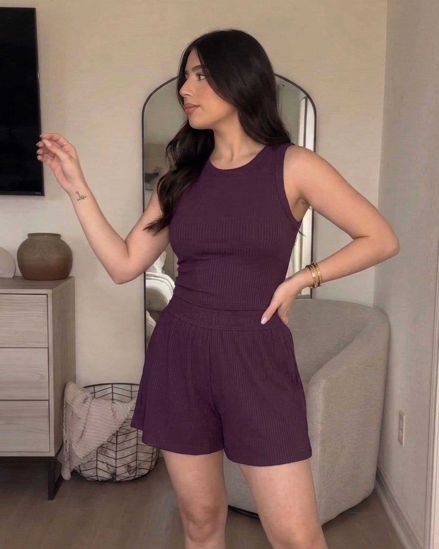 Rib-Knit Tank & Shorts Set | Purple - Eva Fashion - Online Clothing Store for Women