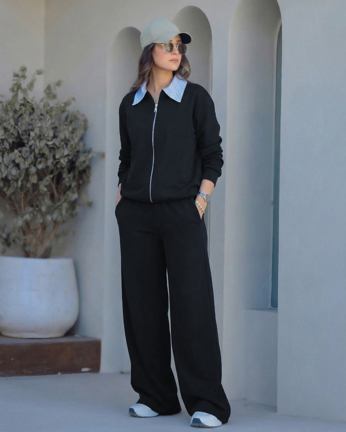 Striped Collar Zip-Up Set | Black - Eva Fashion - Online Clothing Store for Women