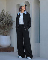 Striped Collar Zip-Up Set | Black - Eva Fashion - Online Clothing Store for Women