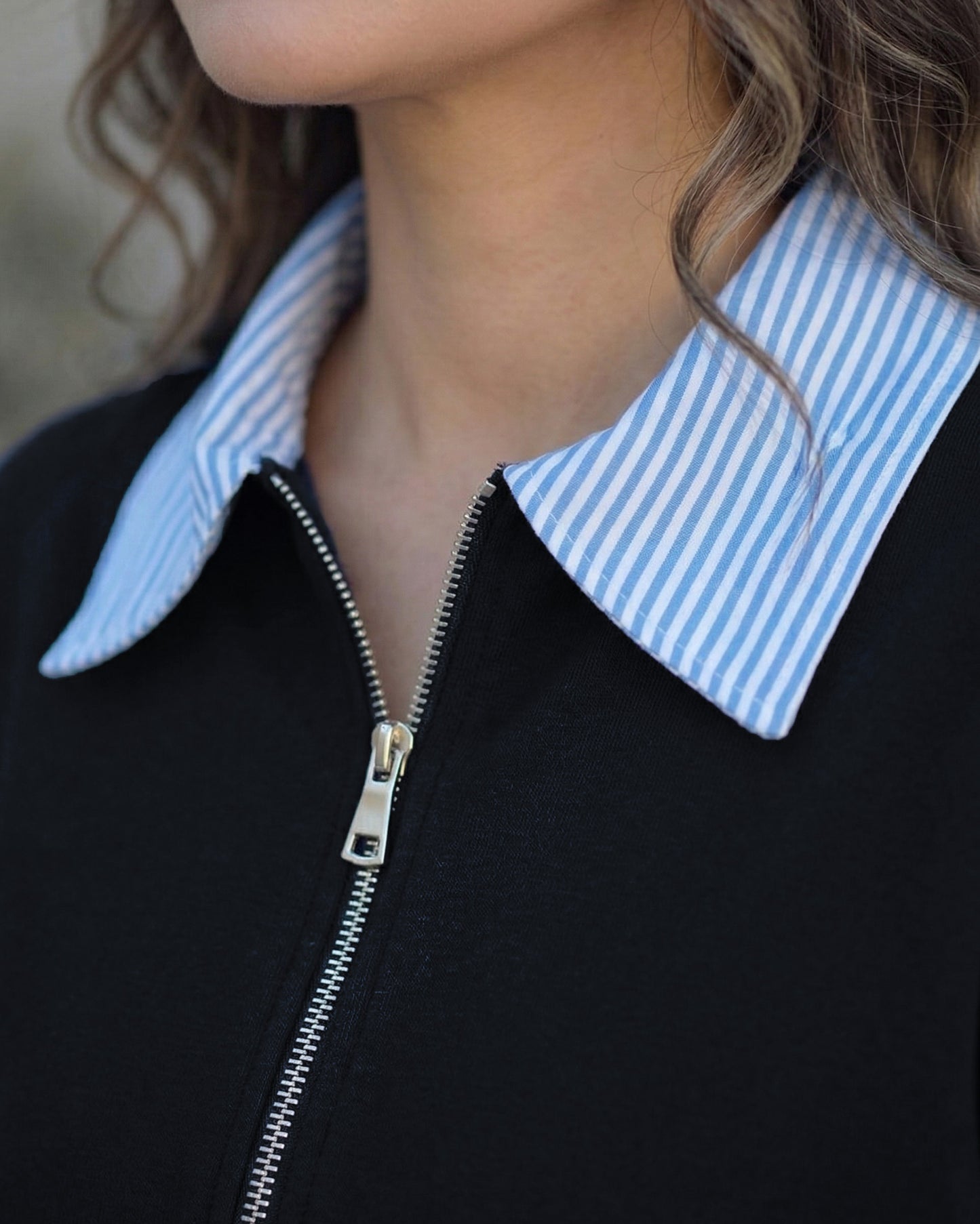 Striped Collar Zip-Up Set | Black - Eva Fashion - Online Clothing Store for Women