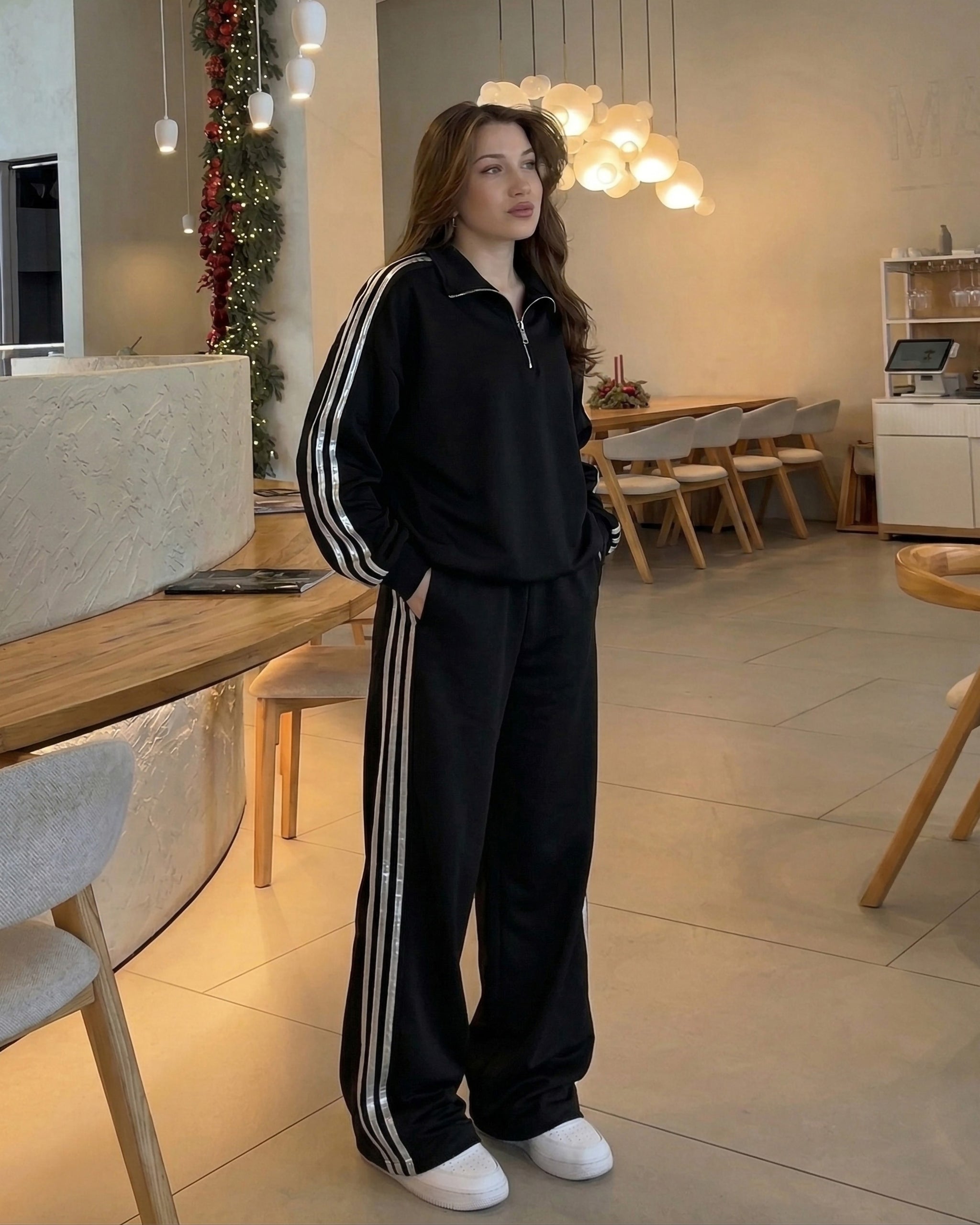 Metallic Side Stripe Half-Zip Tracksuit | Black - Eva Fashion - Online Clothing Store for Women