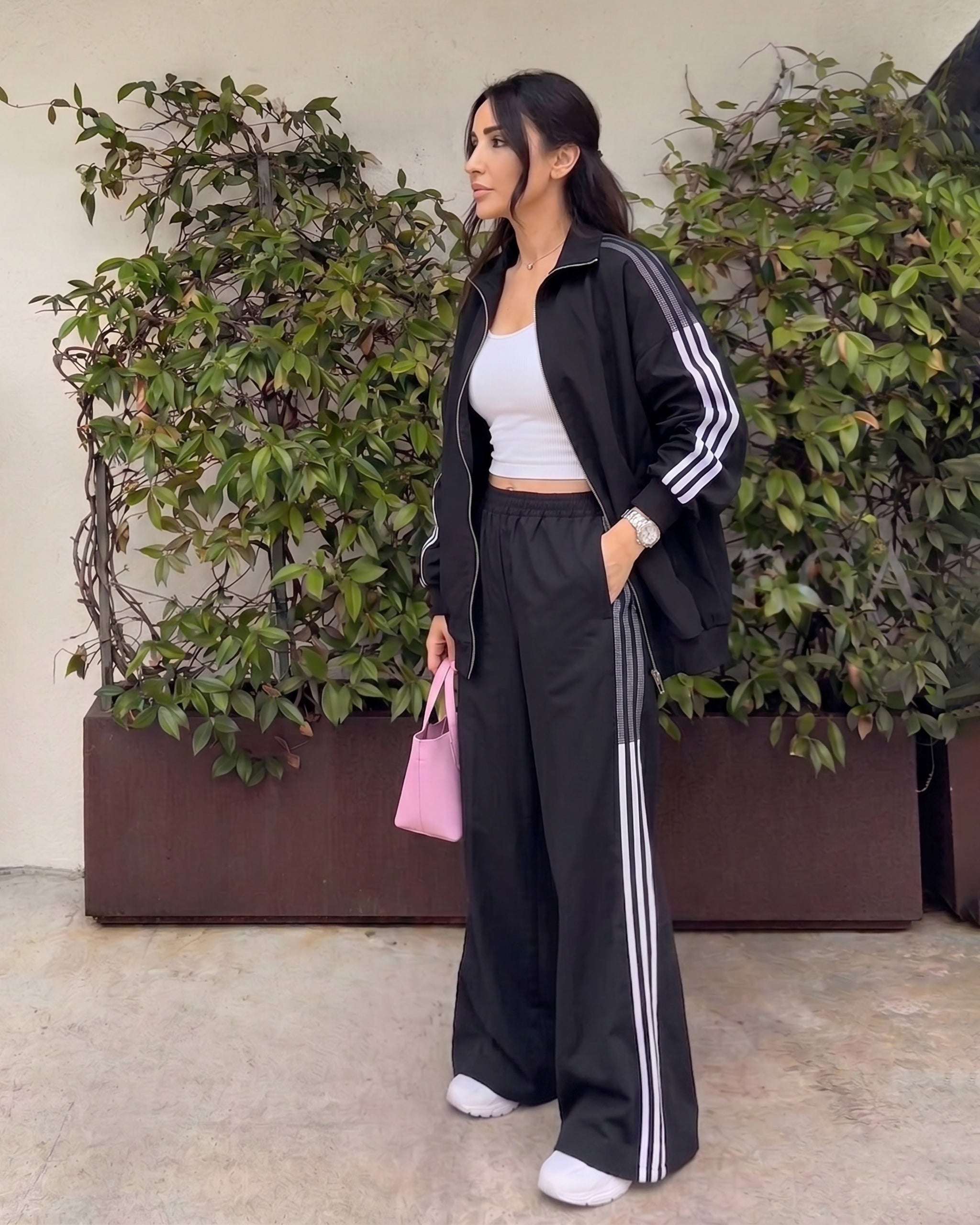 Contrast Mesh Stripe Tracksuit | Black - Eva Fashion - Online Clothing Store for Women