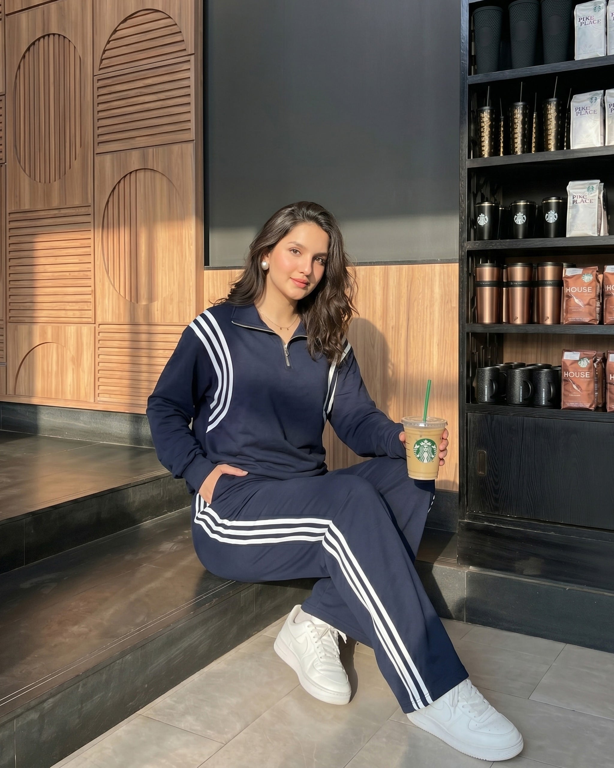 Arc Stripe Half-Zip Tracksuit | Dark Blue - Eva Fashion - Online Clothing Store for Women