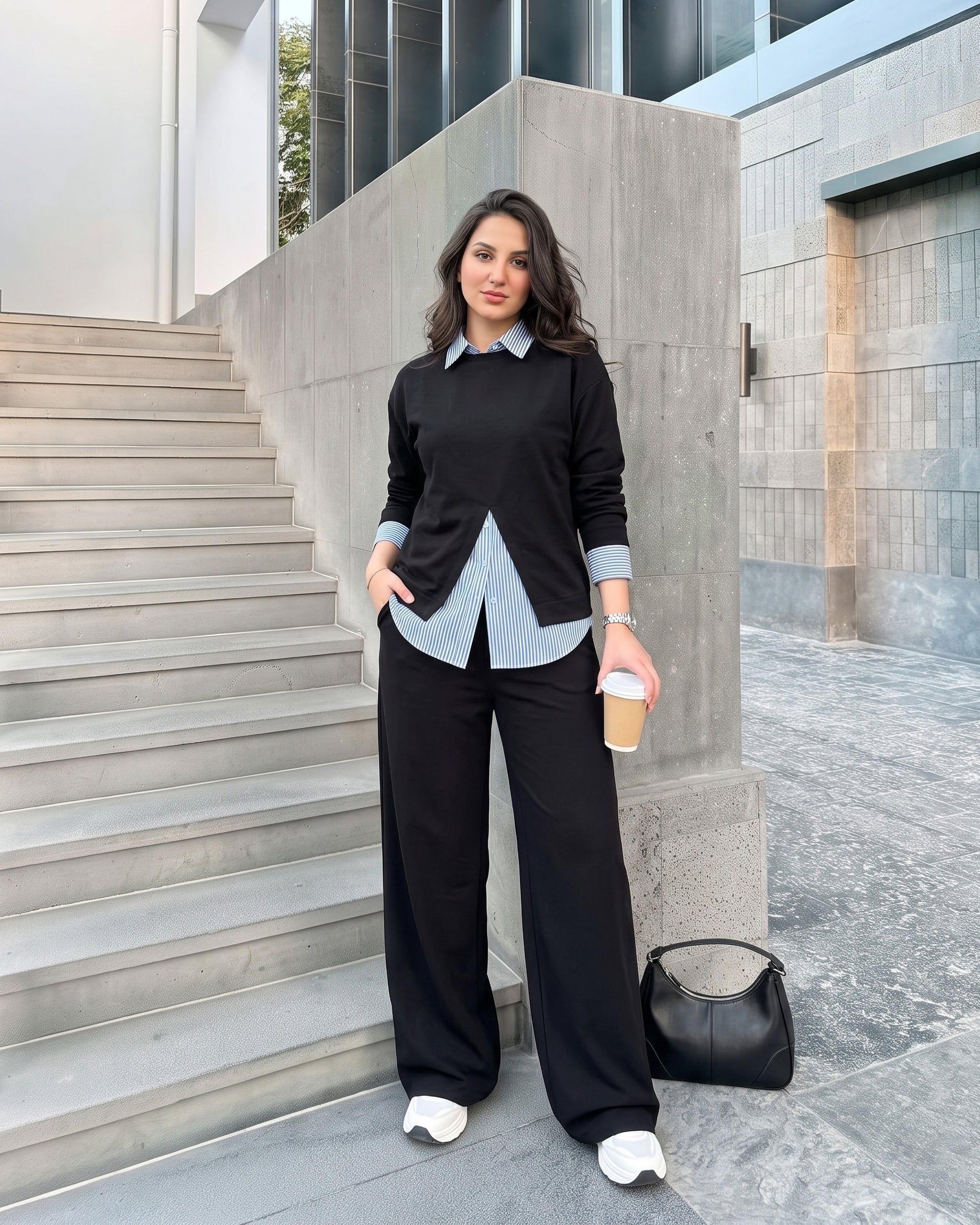 Layered Striped Shirt Wide-Leg Set | Black - Eva Fashion - Online Clothing Store for Women