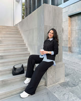 Layered Striped Shirt Wide-Leg Set | Black - Eva Fashion - Online Clothing Store for Women