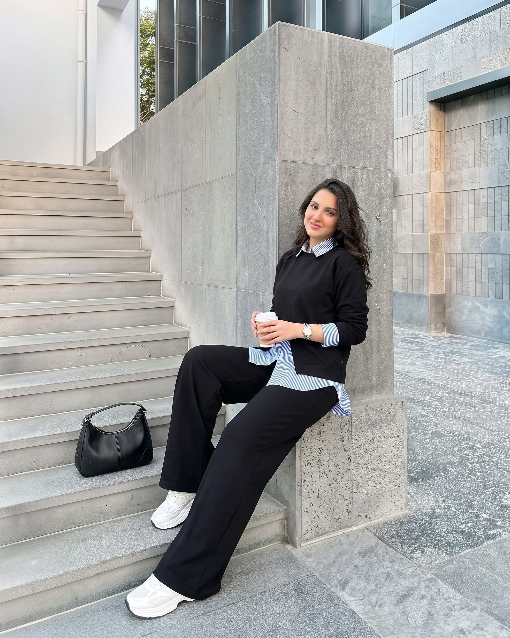 Layered Striped Shirt Wide-Leg Set | Black - Eva Fashion - Online Clothing Store for Women