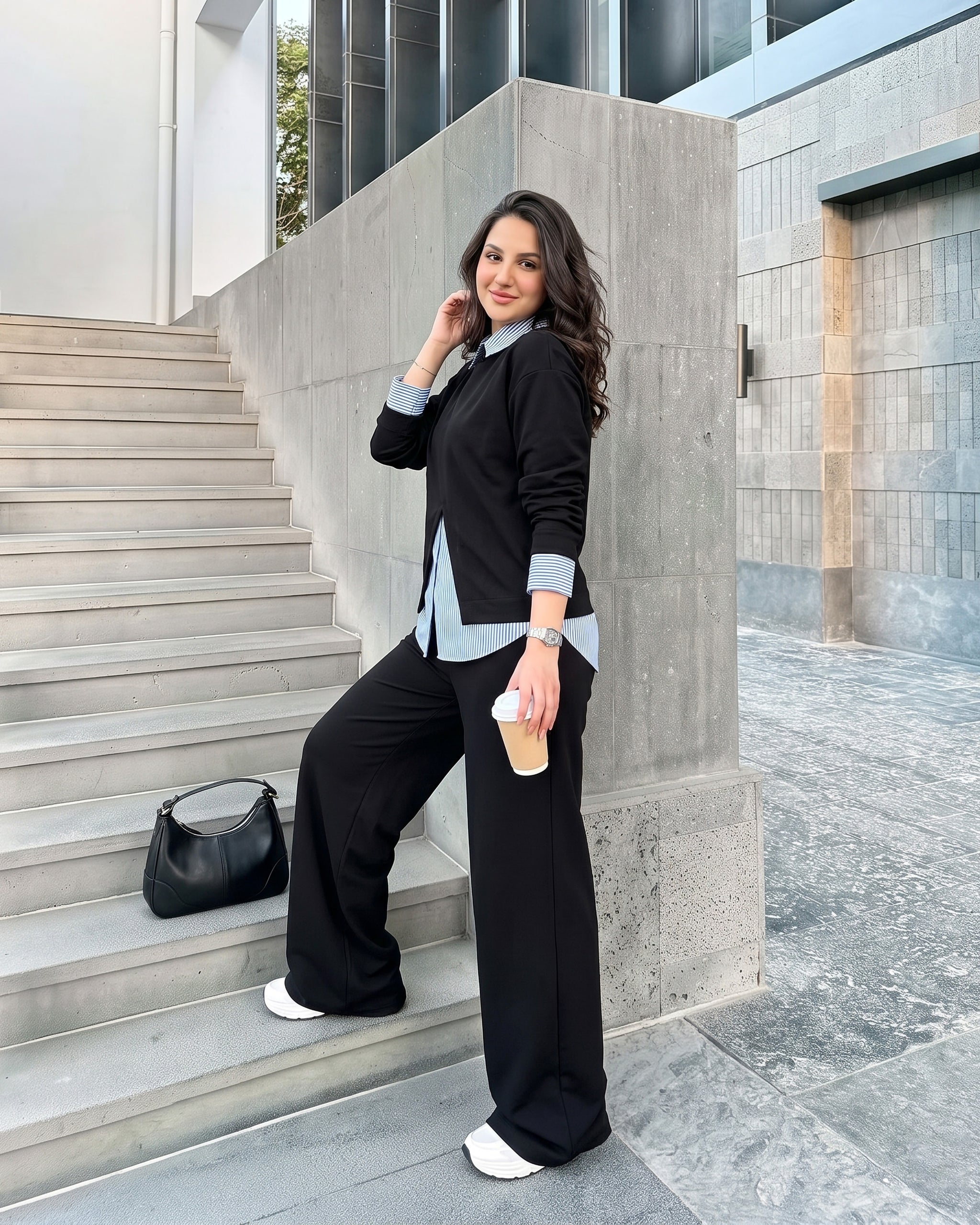 Layered Striped Shirt Wide-Leg Set | Black - Eva Fashion - Online Clothing Store for Women