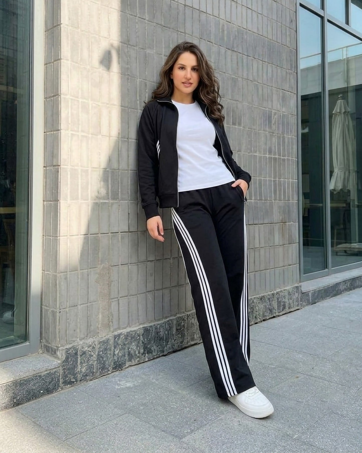 Triple Stripe Zip-Up Tracksuit | Black - Eva Fashion - Online Clothing Store for Women
