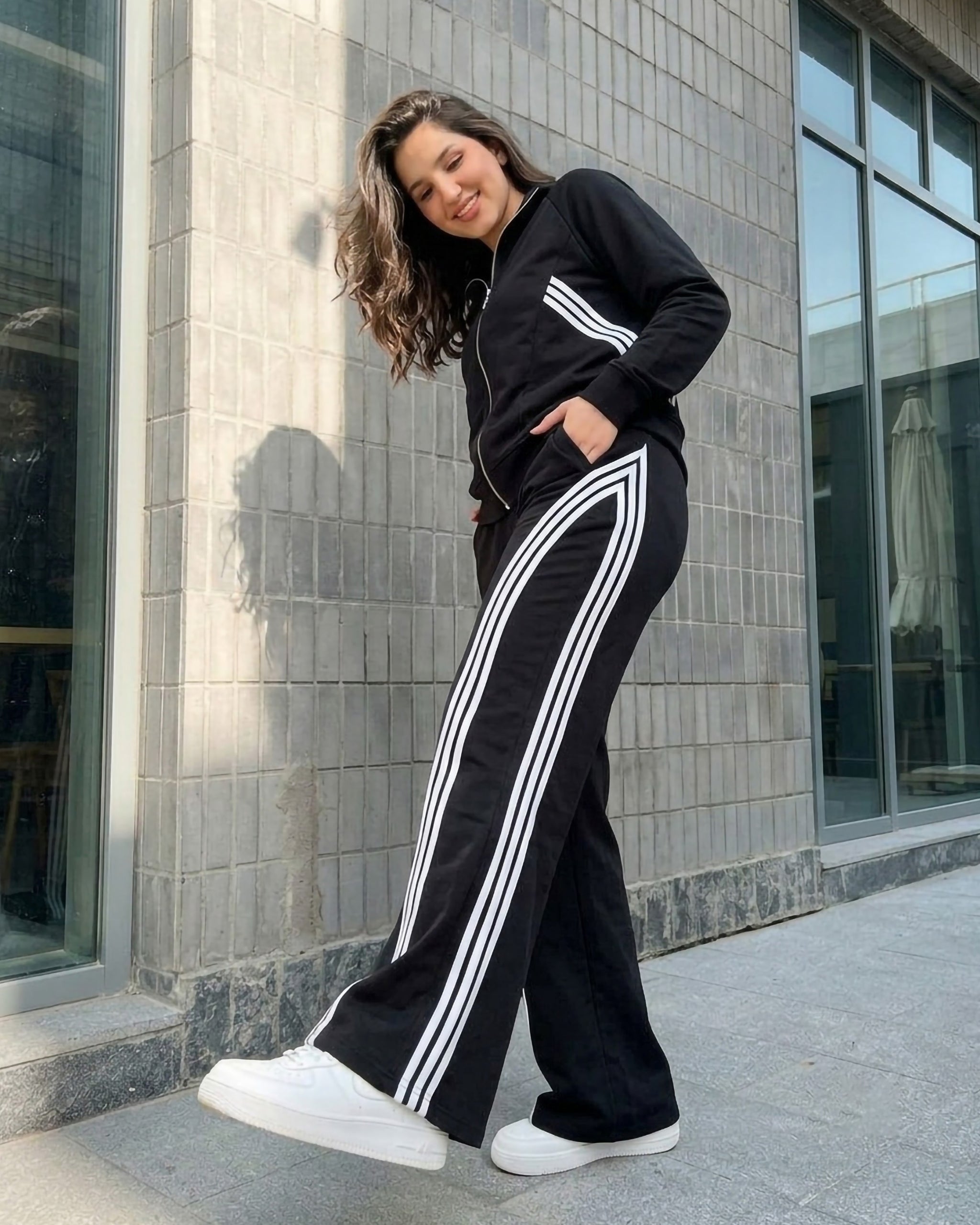 Triple Stripe Zip-Up Tracksuit | Black - Eva Fashion - Online Clothing Store for Women