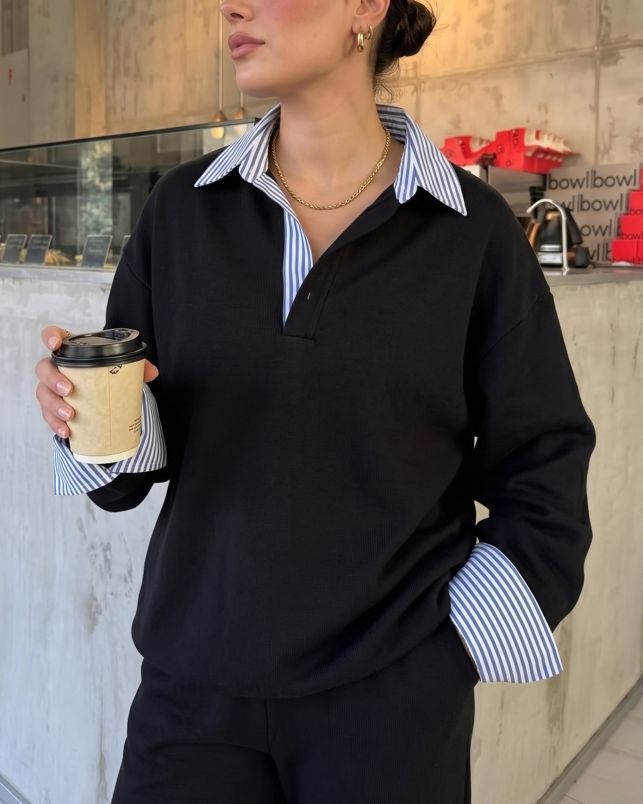Layered Collar Relaxed Fit Set | Black - Eva Fashion - Online Clothing Store for Women
