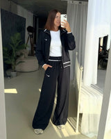 Contrast Piping Wide-Leg Tracksuit | Black - Eva Fashion - Online Clothing Store for Women