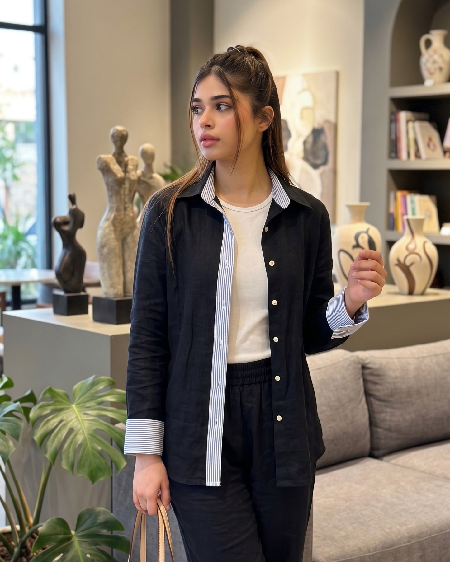 Stripe Trim Linen Set | Black - Eva Fashion - Online Clothing Store for Women