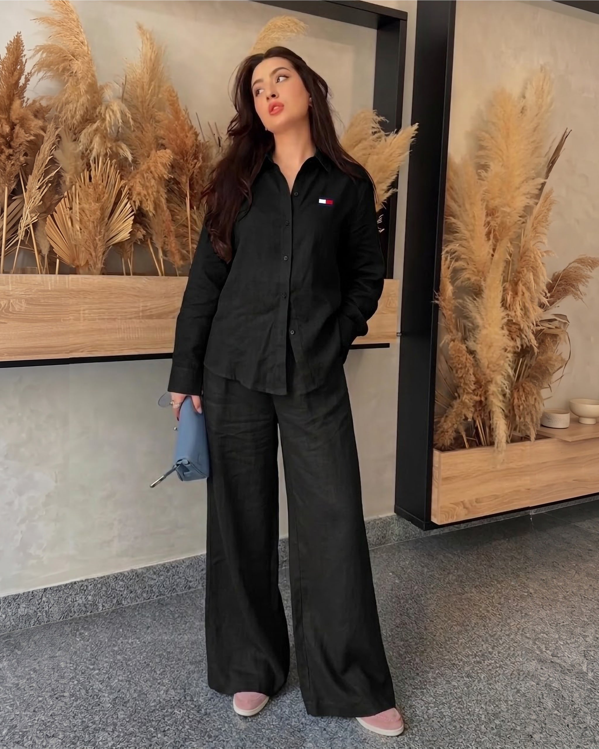 Linen Blend Wide-Leg Shirt Set | Black - Eva Fashion - Online Clothing Store for Women