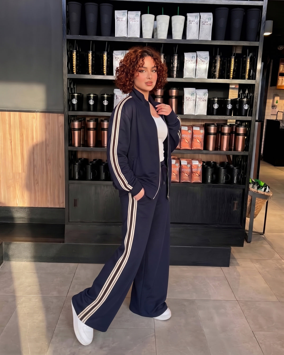 Retro Stripe Wide-Leg Tracksuit | Dark Blue - Eva Fashion - Online Clothing Store for Women